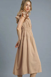 Ruffled Cap Sleeve Midi Dress with Contrast Trim Detail