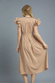 Ruffled Cap Sleeve Midi Dress with Contrast Trim Detail