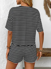 Striped Round Neck Short Sleeve Top and Shorts Set