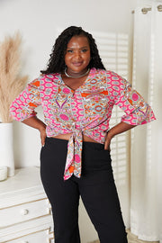 Tie Hem V - Neck Three - Quarter Sleeve Blouse