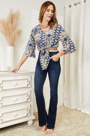 Tie Hem V - Neck Three - Quarter Sleeve Blouse